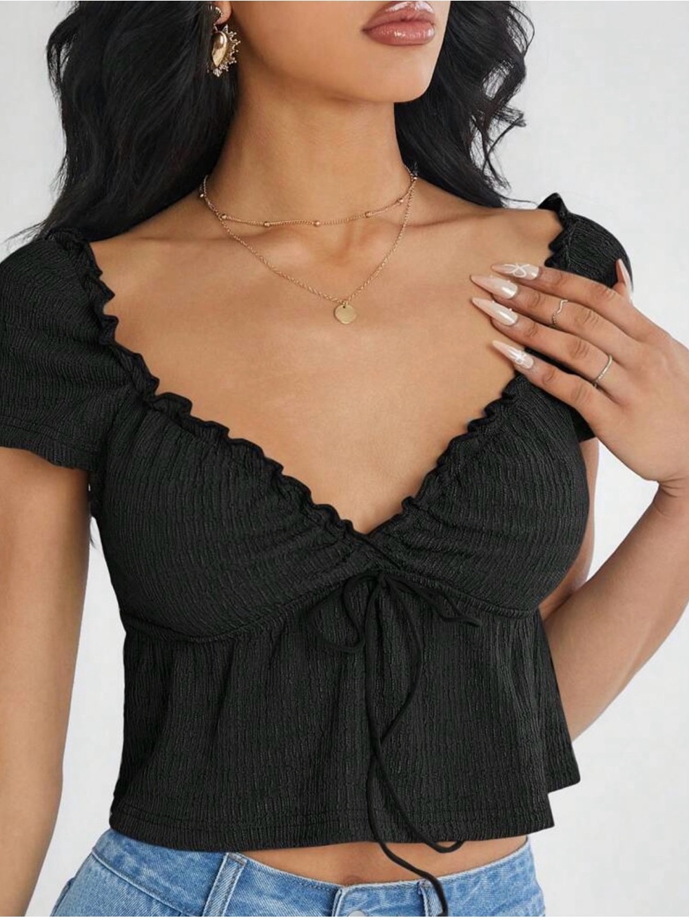 SHEIN Black Smocked Ruffle Tie-Front Crop Top